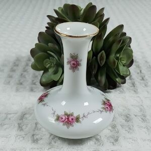 Noritake Mini White Bud Vase with Pink Floral and Gold Accents